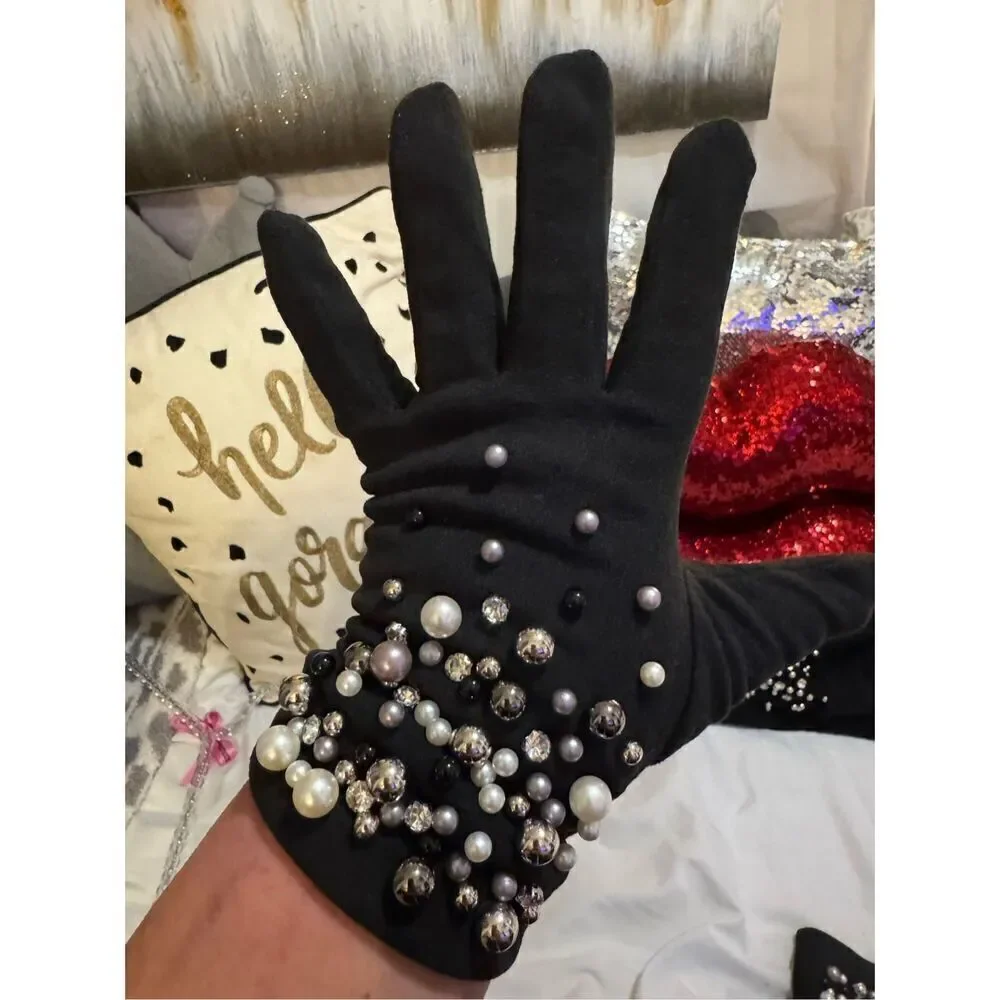 3 piece bling pearl studded headband/w knit fleece lined mittens/gloves
